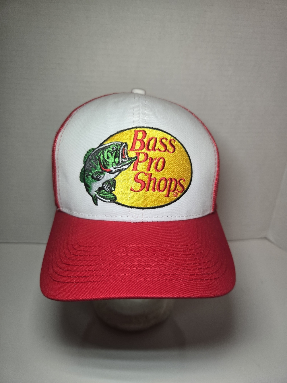 Bass Pro Shops White Front Red Bill Hat with Yellow Logo and Green Fish